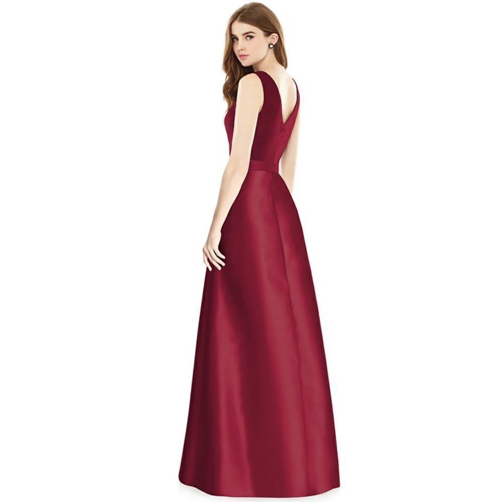 Alfred Sung V-Neck Belted Evening Gown Burgundy